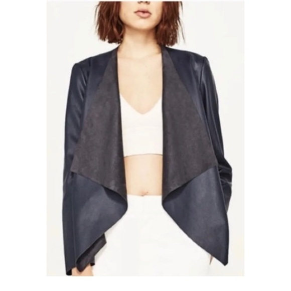 Zara Navy Blue Faux Leather / Suede Waterfall OPen Blazer Jacket - Picture 2 of 11
